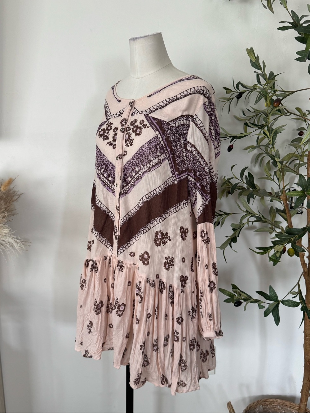 Free People Pink Brown Floral Boho Tunic Mini Dress Size M Oversized - Picture 3 of 6